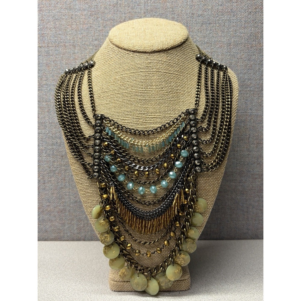 Chico's Burnished Gold Multi Strand Beaded Necklace Multi Layered Chain
